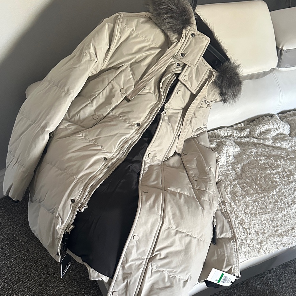 Andrew Marc Beige Puffer Jacket with Faux Fur